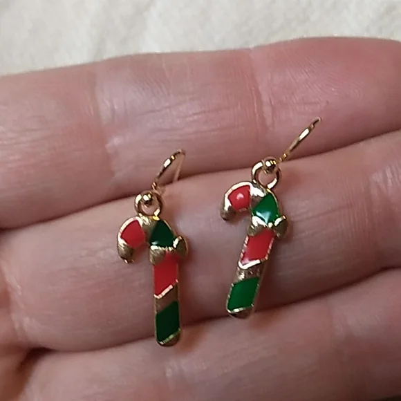 Hypoallergenic Metal Christmas Earrings Candy Cane in Gold, Red & Green - Picture 4 of 7